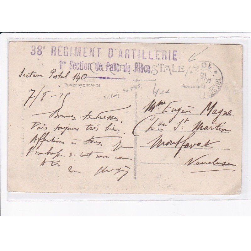 CACHET: 38e régiment d'artillerie, 1er section de parc de place - très bon état