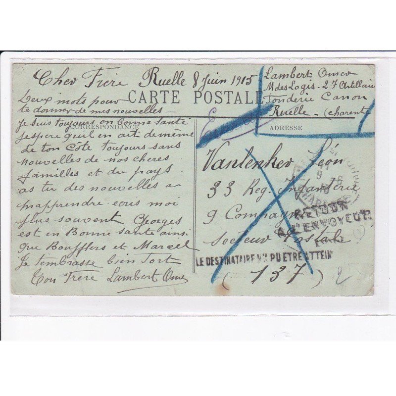 CACHET: retour à l'envoyeur, le destinataire n'a pu être atteint - très bon état