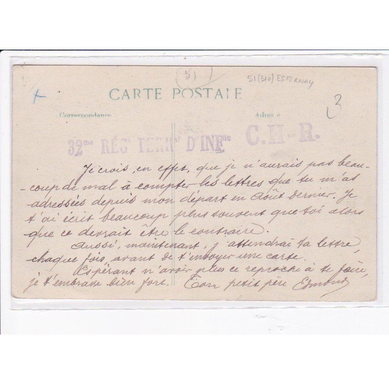 CACHET: 32e régiment terr. d'infanterie, C.H-R. - très bon état
