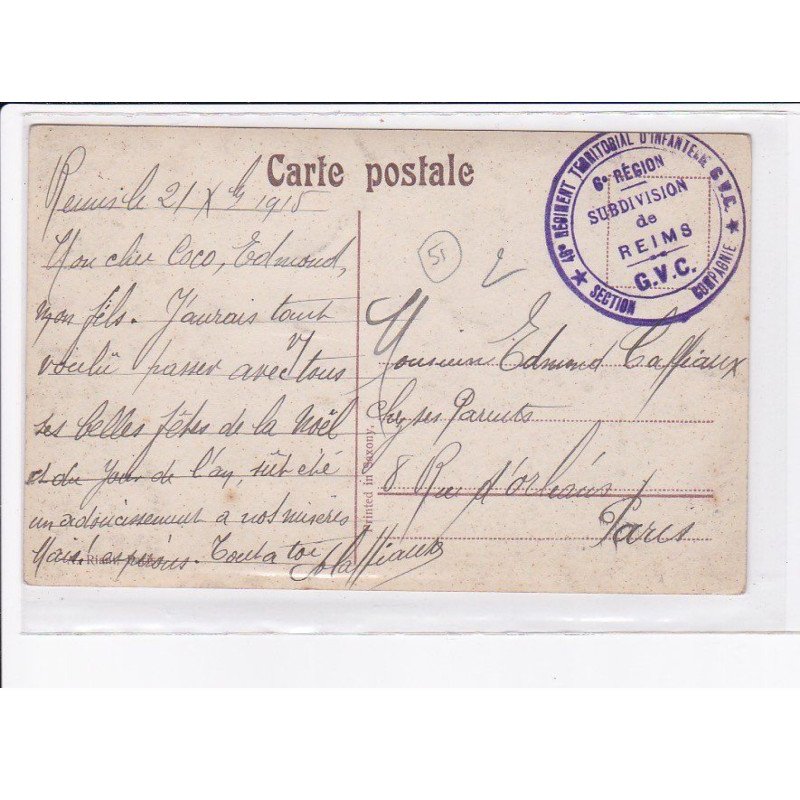 CACHET: 6e région subdivision de reims G.V.C. 46e régiment territorial d'infanterie - très bon état