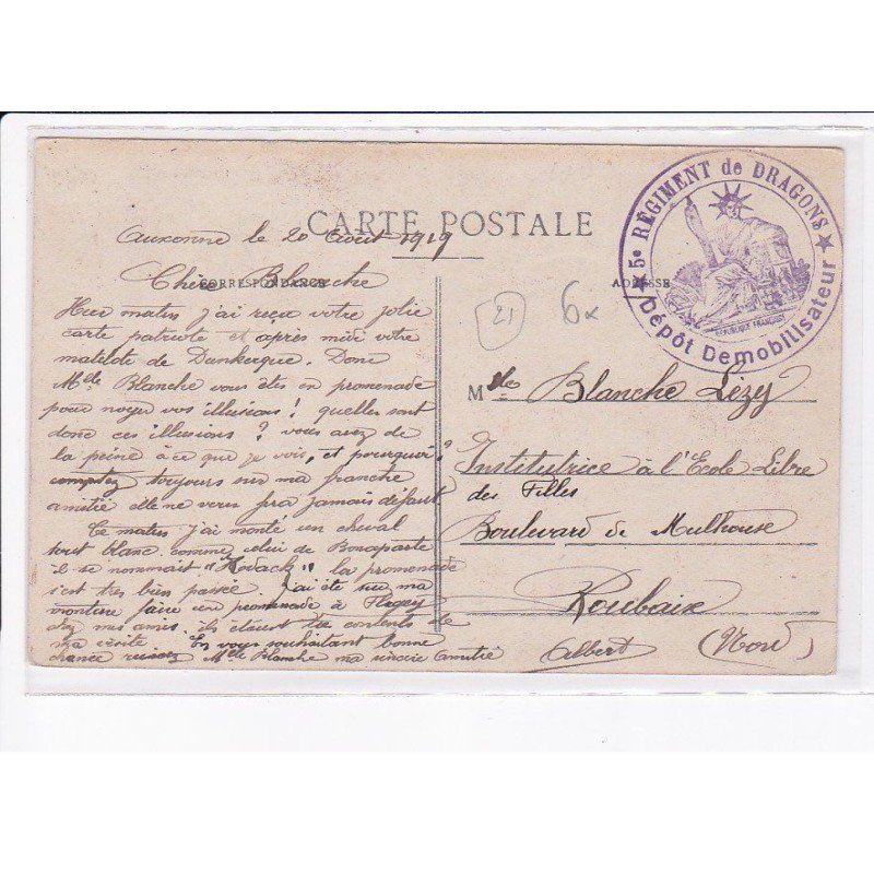CACHET: 5e régiment de dragons, dépôt démobilisateur - très bon état