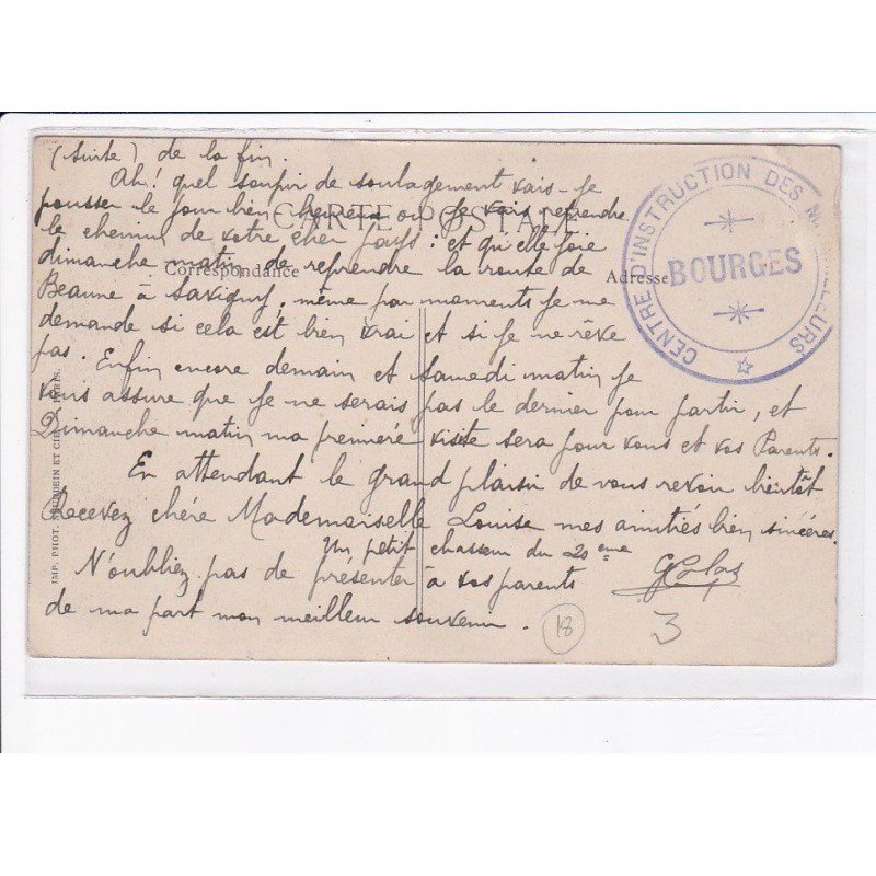 CACHET: bourges, centre d'instruction des mittrailleurs - très bon état