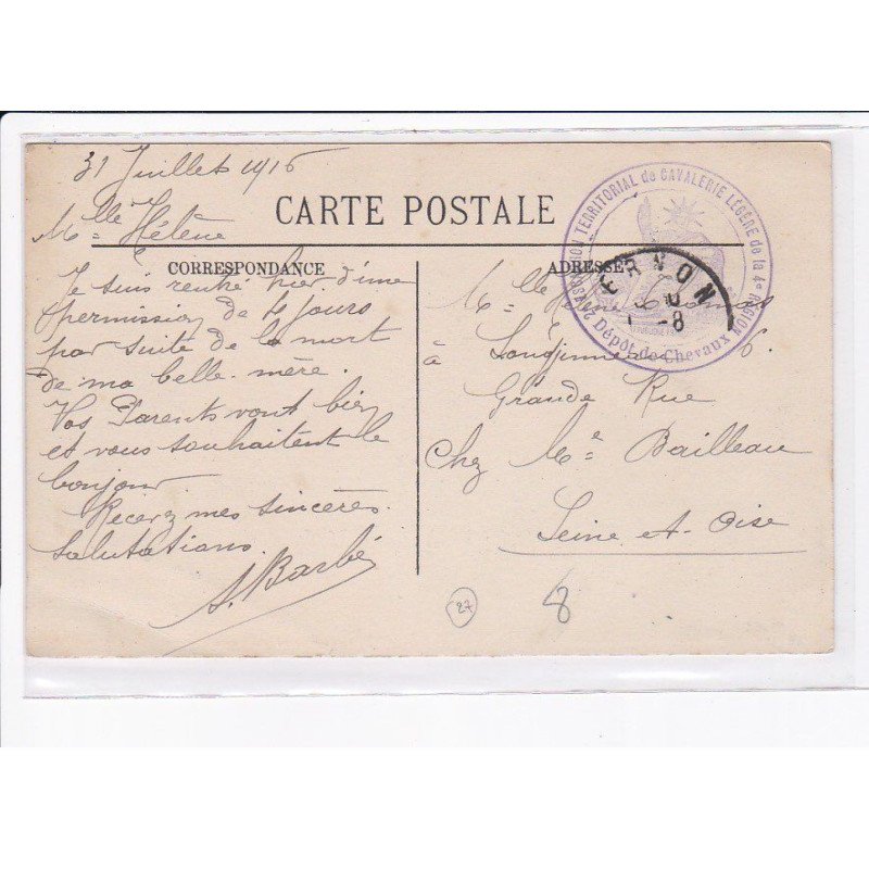 CACHET: dépôt de chevaux, 2e escadron de cavalerie légère de la 4e région - très bon état