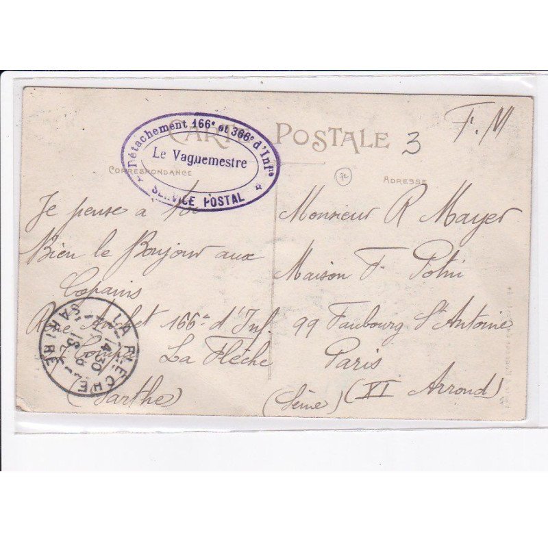 CACHET: détachement 166e et 366e d'infanterie, service postal, le vaguemestre - très bon état