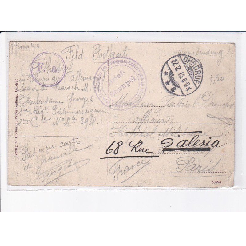 CACHET: brief-stempel kommandanter des gefangenen-lagers - très bon état