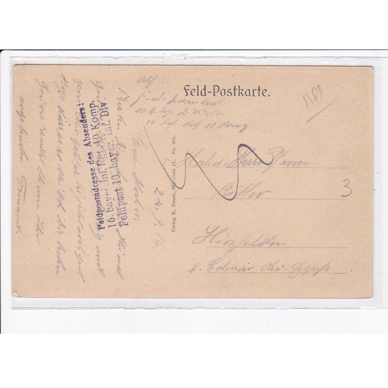 CACHET: peldpostadresse des absenders! 16 bayer inf. rgt. 10 komp. feldpost - très bon état