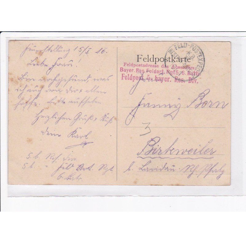 CACHET: feldpostadresse, bayer res. feldart. rgt. 5-6 - très bon état