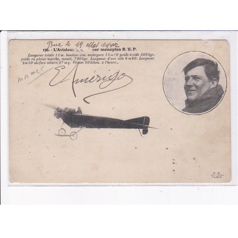 AVIATION AUTOGRAPHE: E. Amerigo sur monoplan R.E.P. - état