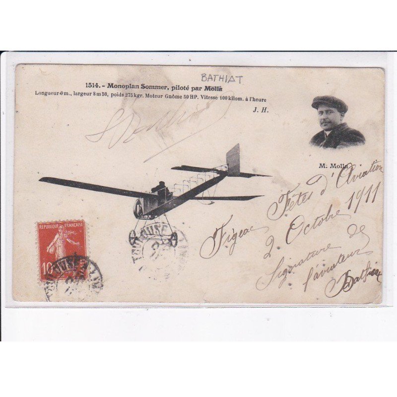 AVIATION AUTOGRAPHE: monoplan sommer, piloté par M. Mollin (bathiat ?) figeac - très bon état