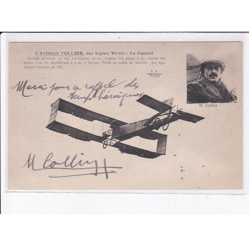 AVIATION AUTOGRAPHE: Colliex sur biplan voisin, le canard - très bon état