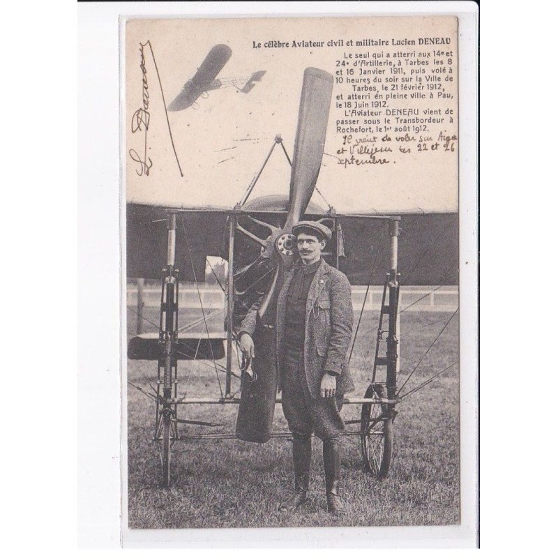 AVIATION AUTOGRAPHE: célèbre aviateur civil et militaire Lucien Deneau - très bon état