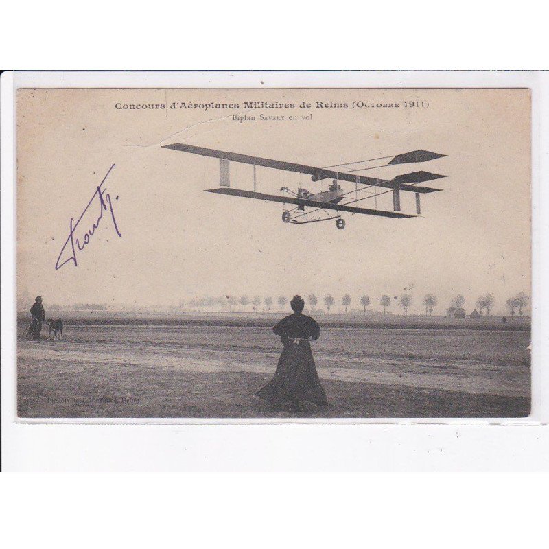AVIATION AUTOGRAPHE: Frantz, concours d'aéroplane militaires de reims, 1911, biplan savary en vol - état