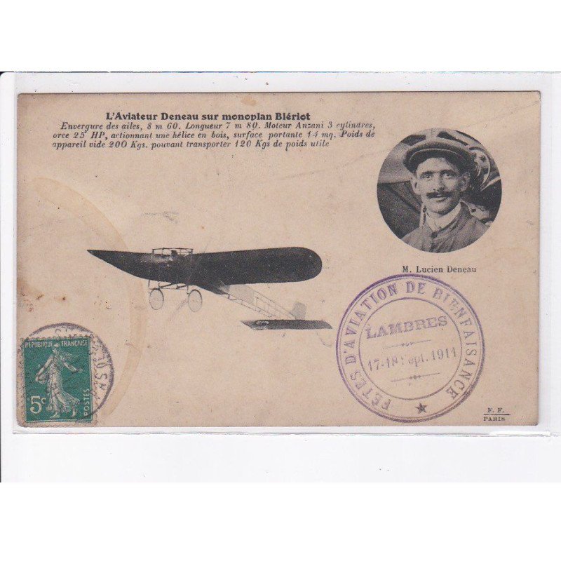 LAMBRES: aviateur Deneau sur monoplan Blériot, cachet violet fête d'aviation de bienfaisance - état