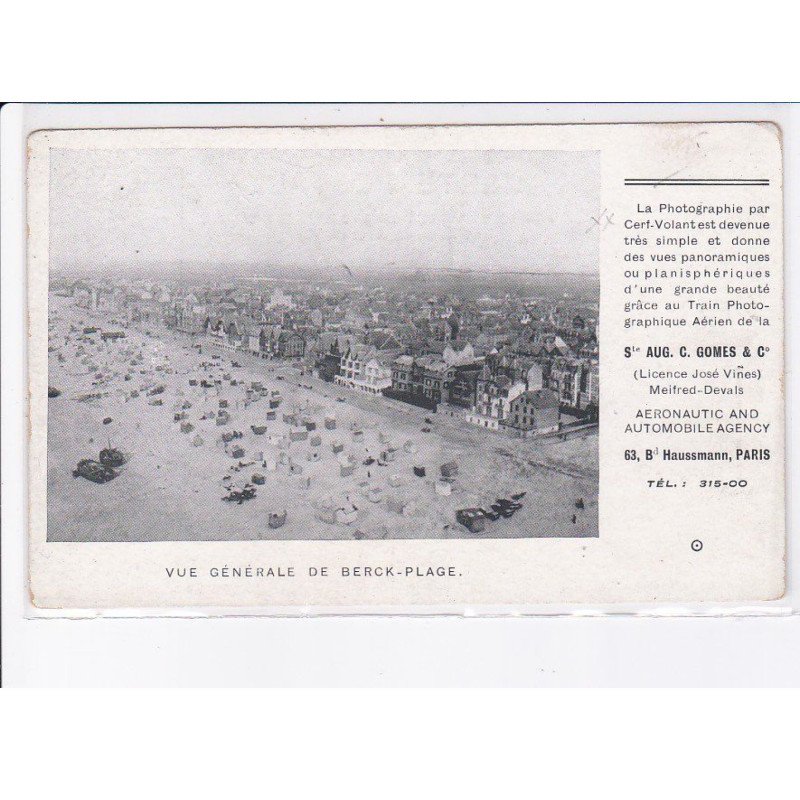 BERCK: vue générale de berck-plage, la photographie par cerf-volant, société aug. C. Gomes et Co - très bon état