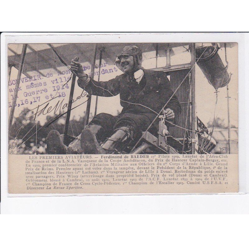 AVIATION: autographe Ferdinand de Baeder, les premiers aviateurs - très bon état