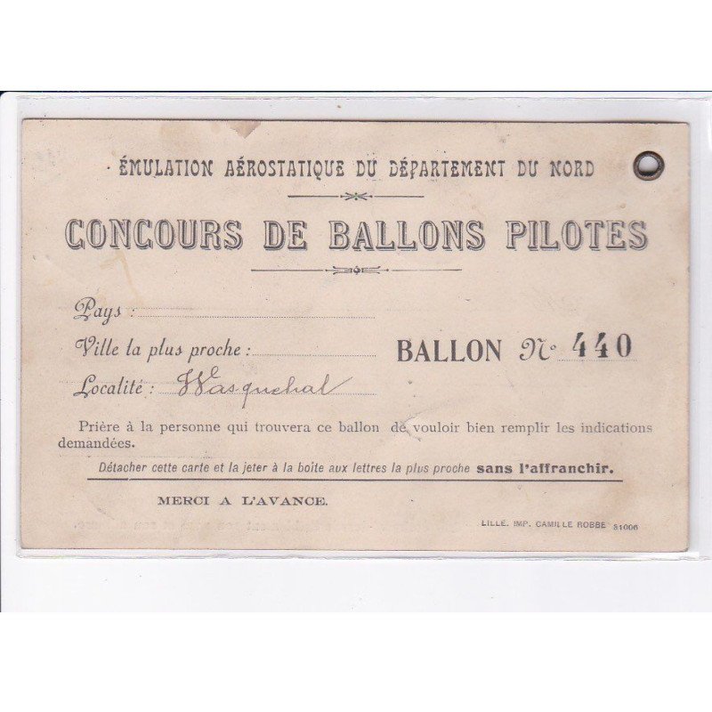 WASQUEHAL: concours de ballons pilotes, émulation aérostatique du département du nord - très bon état