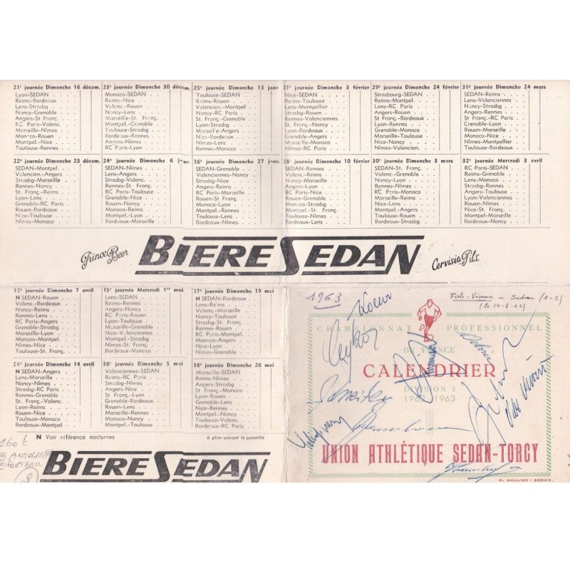 SEDAN: bière sedan, autographe, football, calendrier division 1 1962-1963, union athtlétique sedan-torcy - très bon état