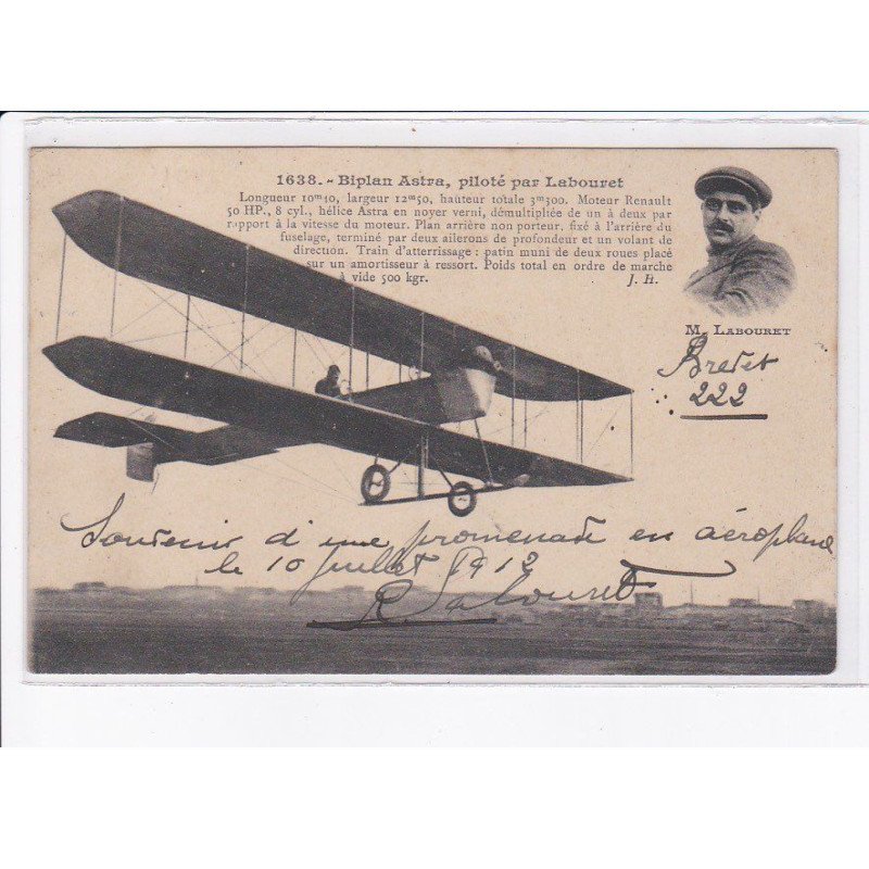 AVIATION: autographe M. Labouret biplan astra - état