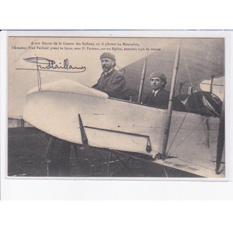 AVIATION: autographe Fred Paillard prend la leçon avec H. Farman sur biplan - très bon état