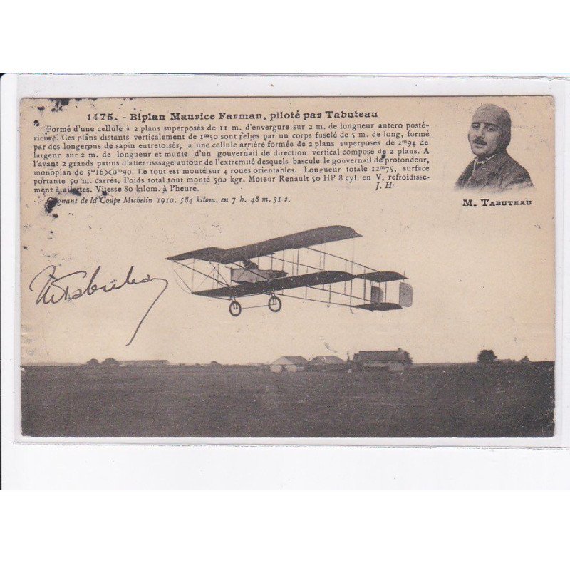 AVIATION: autographe Tabuteau biplan maurice farman, piloté par tabuteau - très bon état