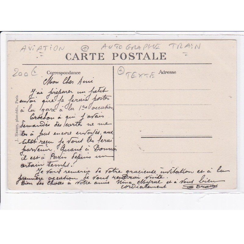AVIATION: autographe train, texte, monoplan train, piloté par Train, texte - très bon état