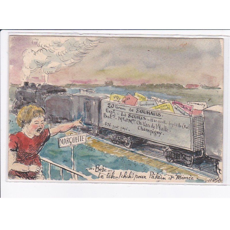 MARQUETTE: chemin de fer, carte dessinée, train - très bon état