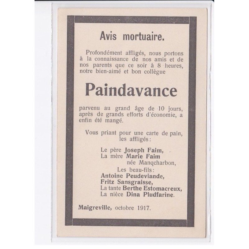 MILITAIRE: caricature illustrateurs avis mortuaire paindavance - très bon état