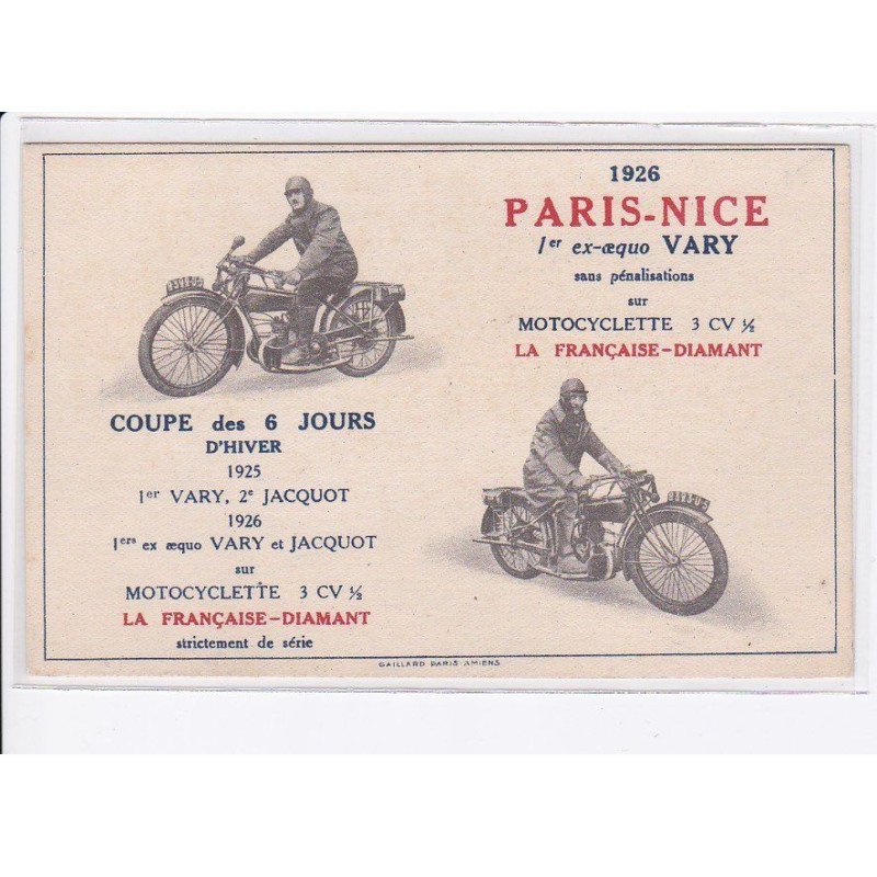 moto 1926 paris-nice 1er ex-oequo vary, la française-diamant coupe de 6 jous d'hiver 1925 - très bon état