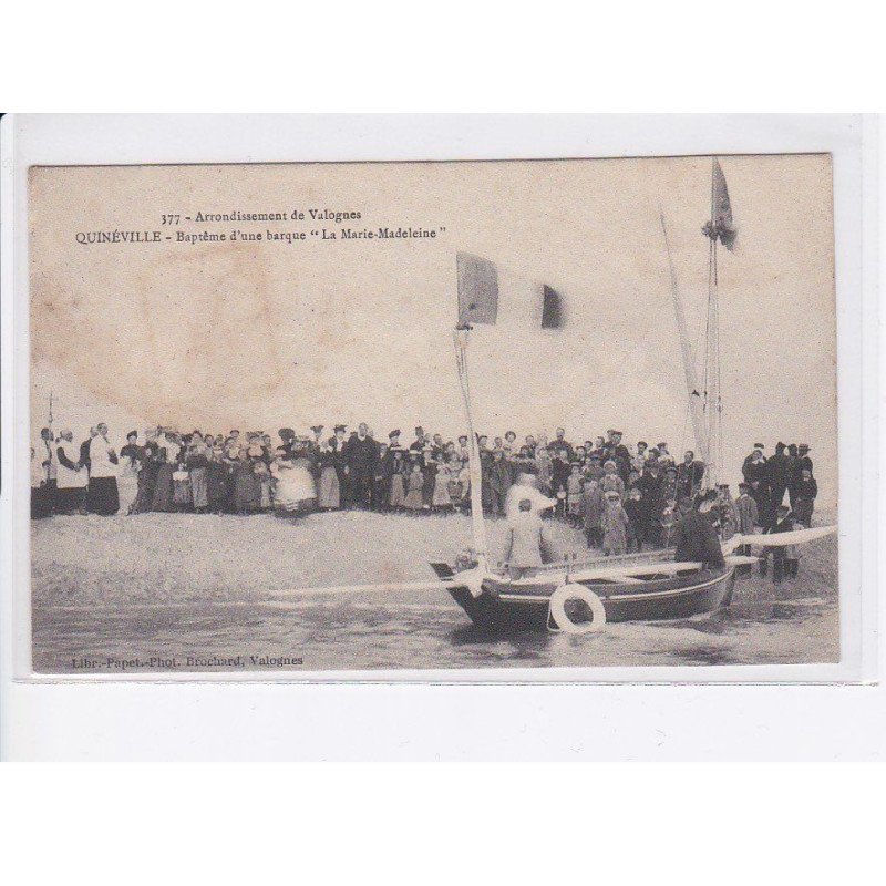 QUINEVILLE: baptême d'une barque "la marie-madeleine" arrondissement de valognes, timbre décollé - état