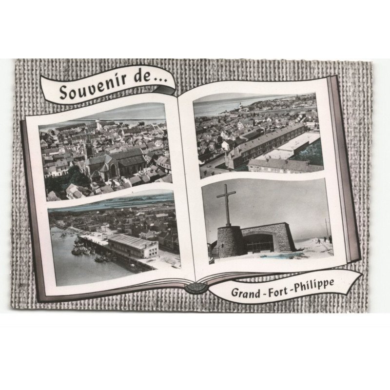 GRAND-FORT-PHILIPPE: souvenir de..., l'église vue, le minek, le calvaire vue aérienne 11X15 - très bon état