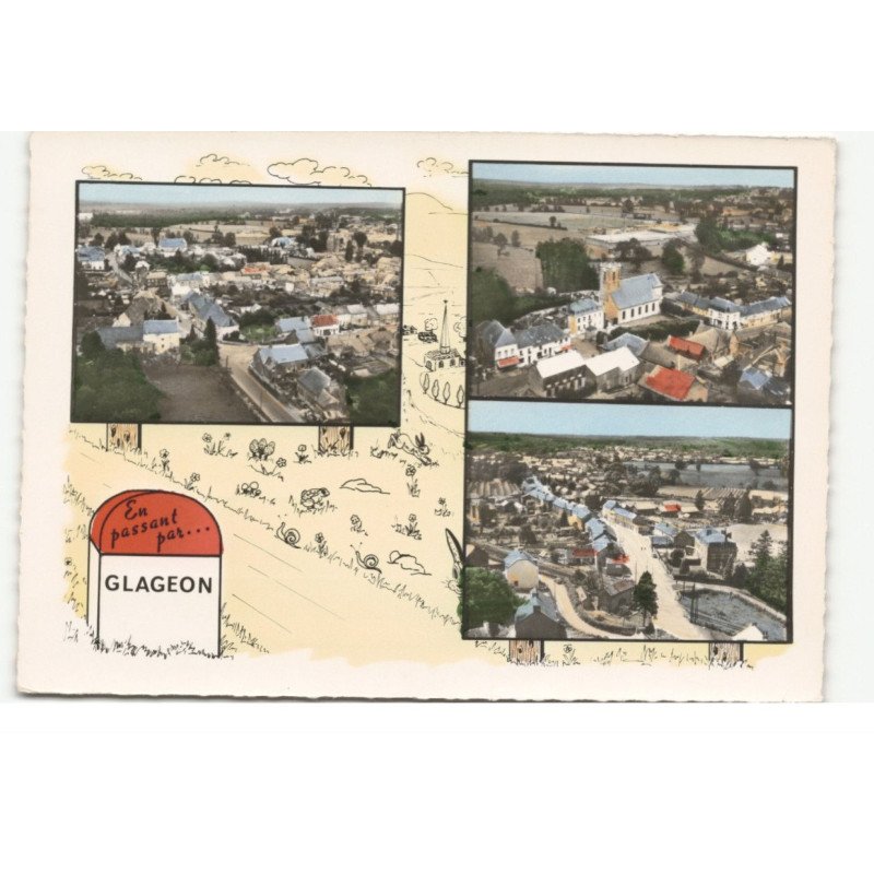 GLAGEON: en passant par... vue générale, l'église, le passage à niveau vue aérienne 11X15 - très bon état