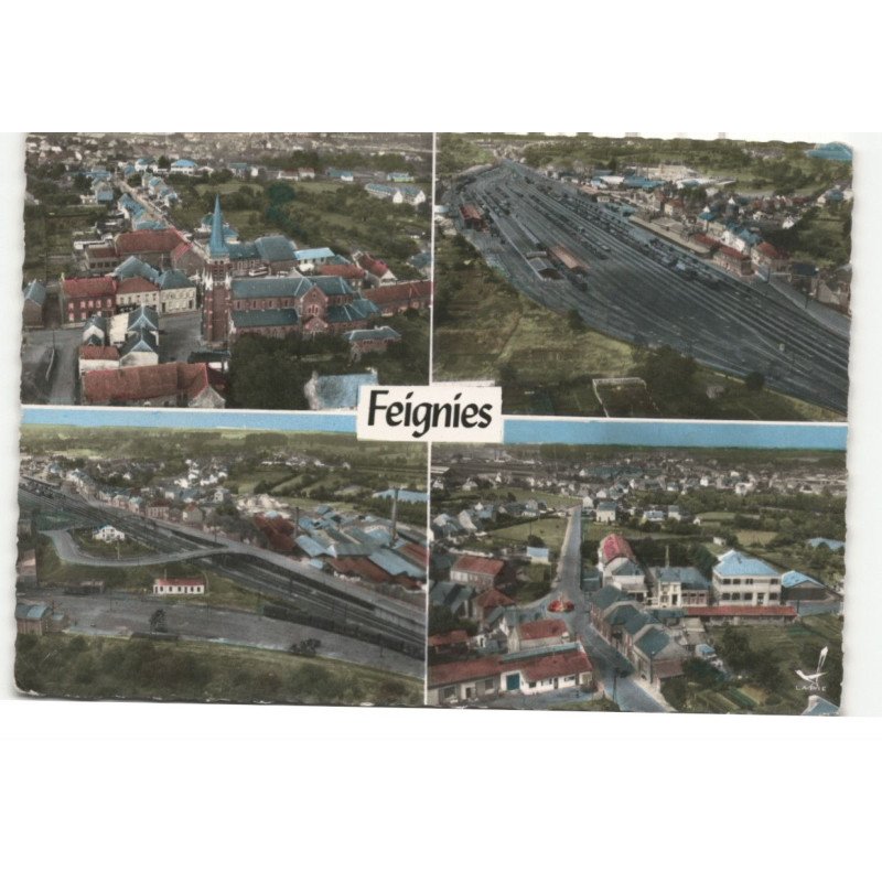 FEIGNIES: vue d'ensemble, la gare, le pont de la gare, monument, les écoles vue aérienne 10X15 - très bon état