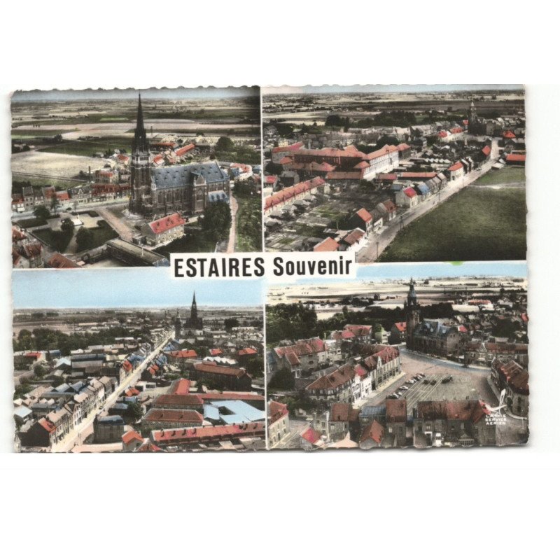 ESTAIRES: souvenir l'église saint-waast rue merville rue de cassel l'hôtel de ville vue aérienne 10X15 - très bon état