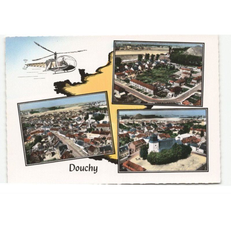 DOUCHY: 3 vues, cité, église saint-pierre, vue générale vue aérienne 10X15 - très bon état