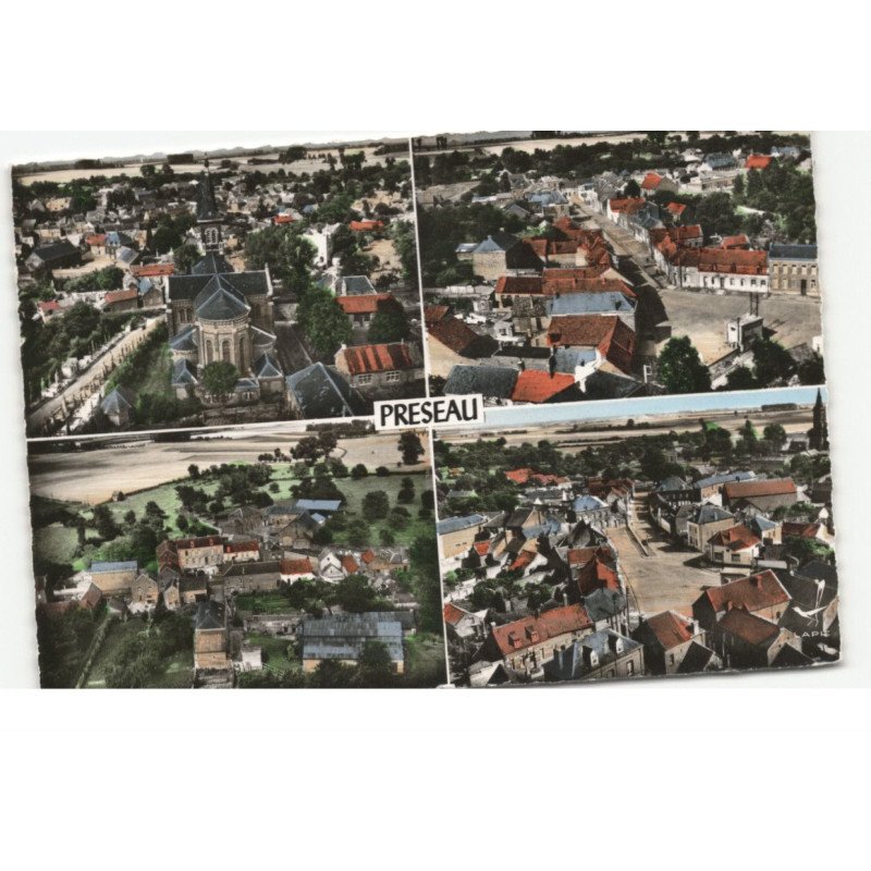 PRESEAU: église et place, panorammique, générale, église, vue aérienne 10X15 - très bon état