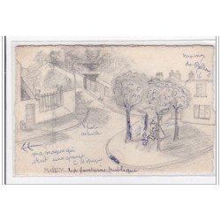 PLAILLY : la fontaine publique, carte dessinée a la main - tres bon etat