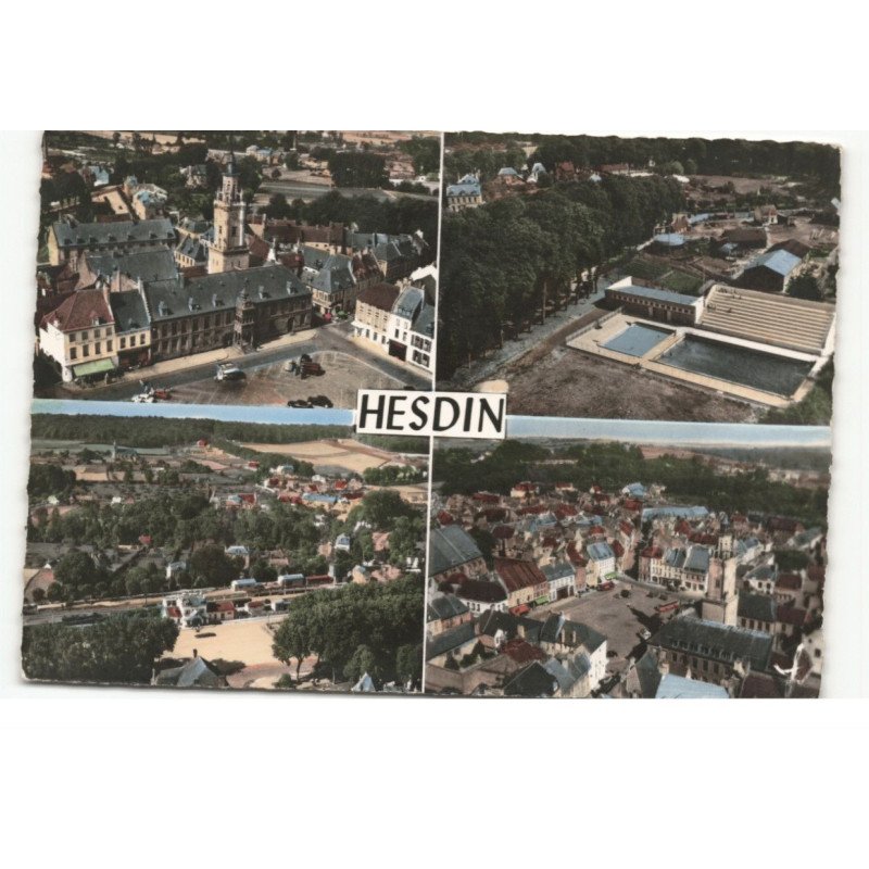 HESDIN: hôtel de ville et le beffroi, la piscine, la gare et la forêt vue aérienne 10X15 - très bon état