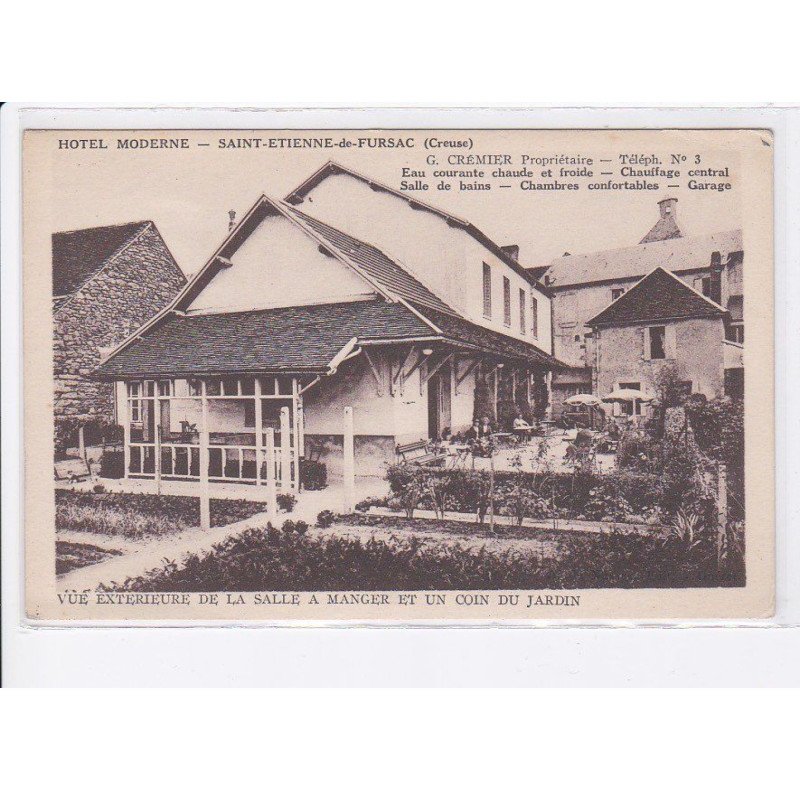 SAINT-ETIENNE-de-FURSAC: hôtel moderne, vue exterieure de la salle à manger et un coin du jardin - très bon état