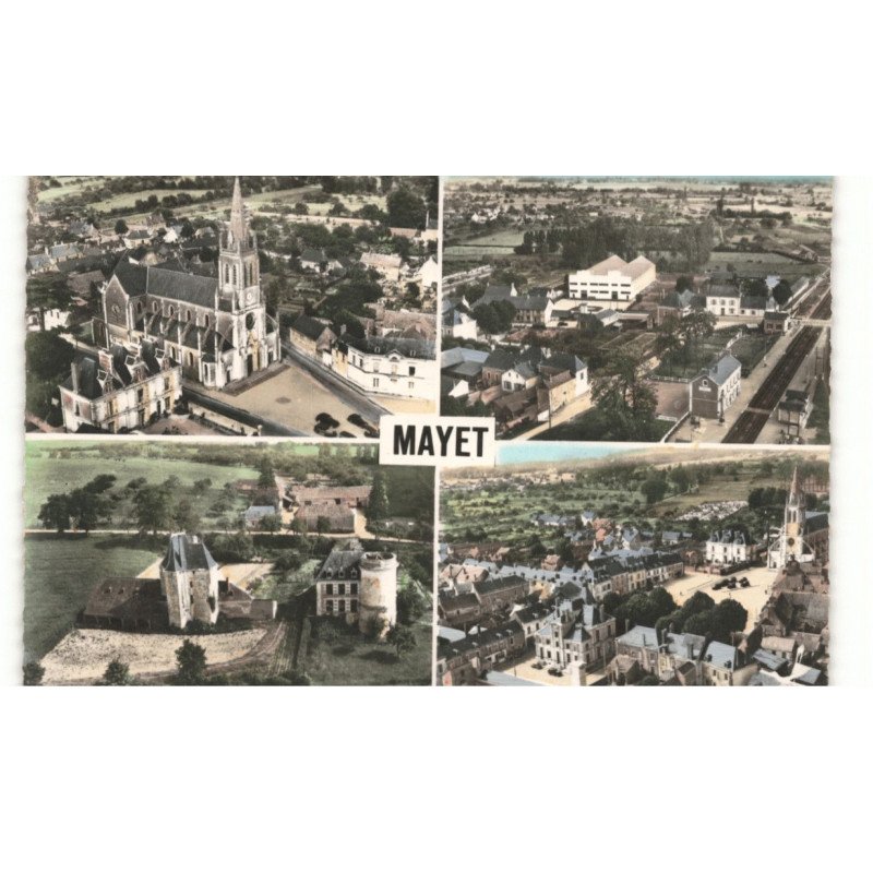 MAYET: l'église lagare le chateau la mairie vue aérienne 10X15 - très bon état