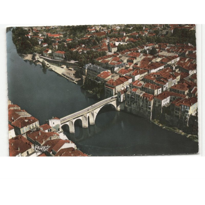 VILLENEUVE-sur-LOT: le pont-vieux sur le lot vue aérienne 10x15 - très bon état