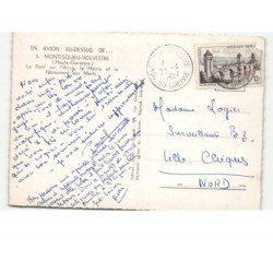 MONTESQUIEU-VOLVESTRE: le pont sur l'arize la mairie et le monument aux morts vue aérienne 10x15 - état
