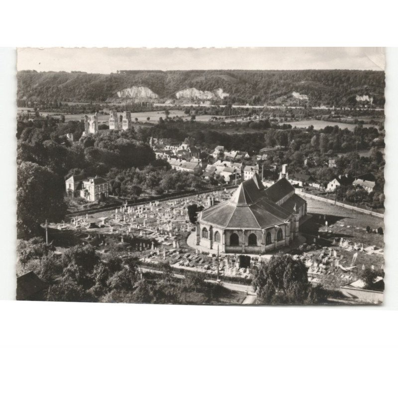JUMIEGES: l'église et au fond l'abbaye M.H. du XIIe siècle vue aérienne 10x15 - très bon état
