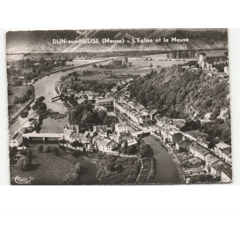 DUN-sur-MEUSE: l'église et la meuse vue aérienne 10x15 - très bon état