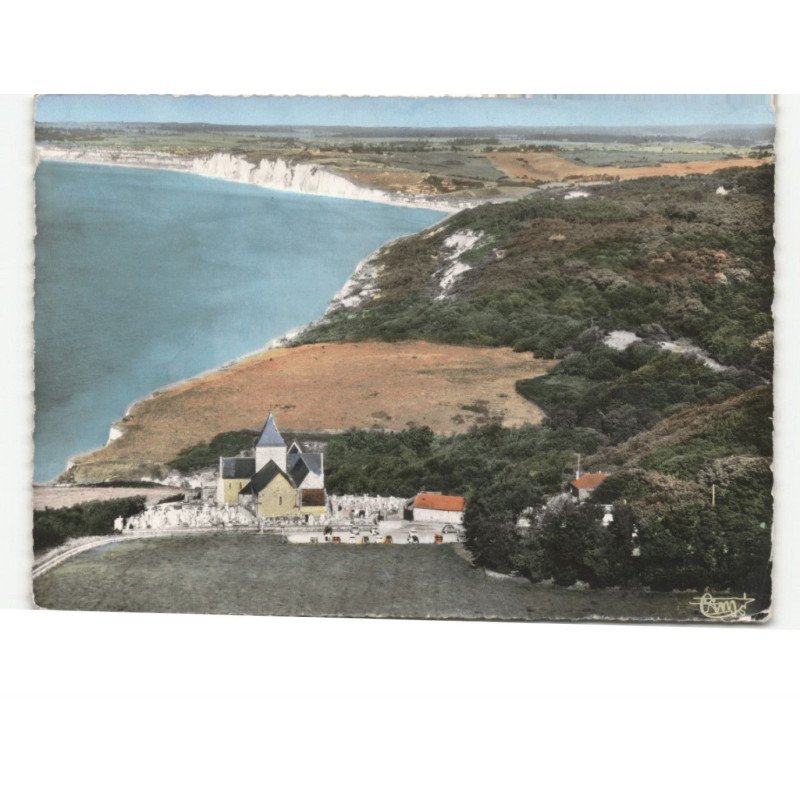 VARENGEVILLE-sur-MER: l'église sur la falaise face à la mer vue aérienne 10x15 - état