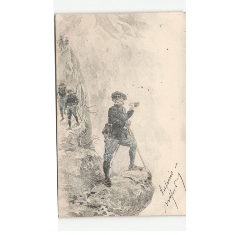 MILITAIRE CHASSEURS ALPINS: illustration, chasseur alpin avec jumelles - très bon état