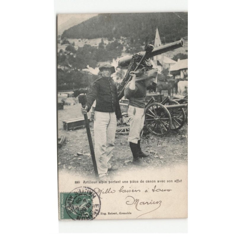 MILITAIRE CHASSEURS ALPINS: artilleur alpin portant un epièce de canon avec son affut, canons - très bon état