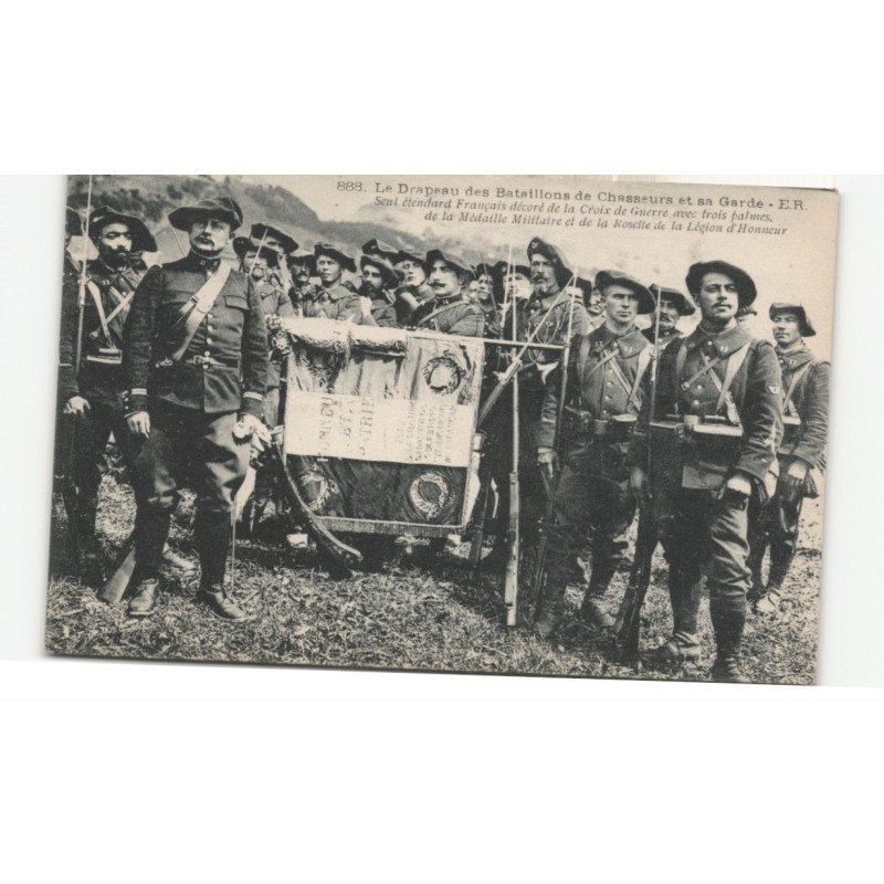 MILITAIRES CHASSEURS ALPINS: le drapeau des bataillons de chasseurs et sa garde - très bon état