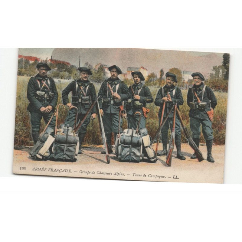 MILITAIRES CHASSEURS ALPINS: armée française, groupe de chasseurs alpins, tenue de campagne - très bon état