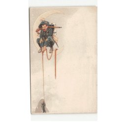 MILITAIRE CHASSEURS ALPINS: illustration, militaire sur croissant de lune tendant une corde à militaire - très bon état