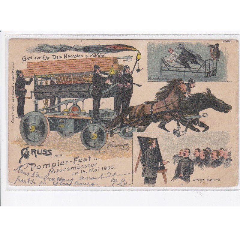 MARMOUTIER: pompier gruss vom pompier-fest in maursmünster 1905, illustraiton - état (décollée)